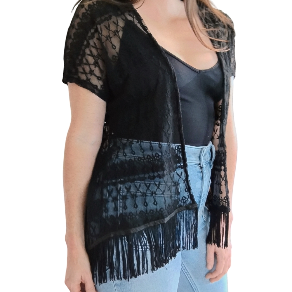 Poof Sheer Lace Fringe Kimono Black Small Medium Festival Goth Western Boho
